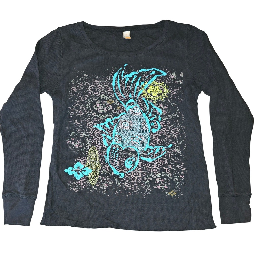 Lucy Black Top‎ Painted Pisces fish Aqua Long sleeve undergarment material L